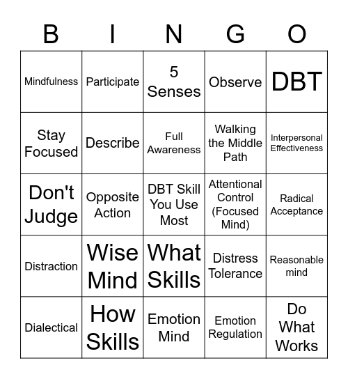 DBT Skills Bingo! Bingo Card