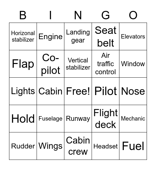 Airplane Vocabulary Bingo Card