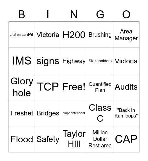 Road Maintenance Bingo Card