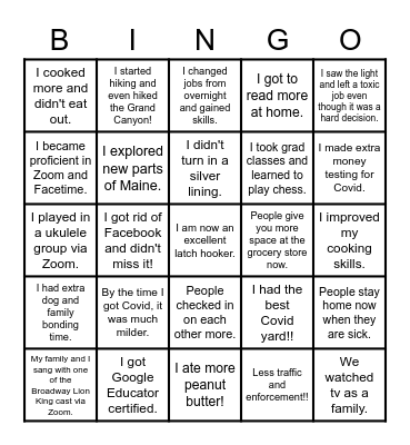 Covid Silver Linings Bingo Card