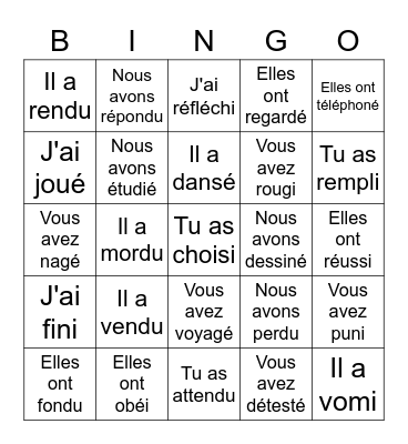 Passé composé in French: -ER, -IR, -RE verbs Bingo Card
