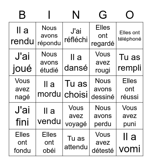 Passé composé in French: -ER, -IR, -RE verbs Bingo Card