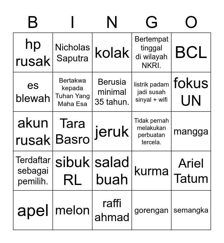 Untitled Bingo Card