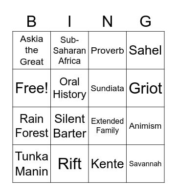 Intro to Africa Vocabulary Bingo Card