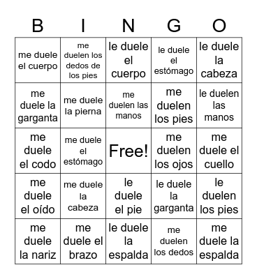la partes del cuerpo Bingo Card