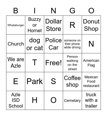 AZLE ROAD TRIP BINGO Card