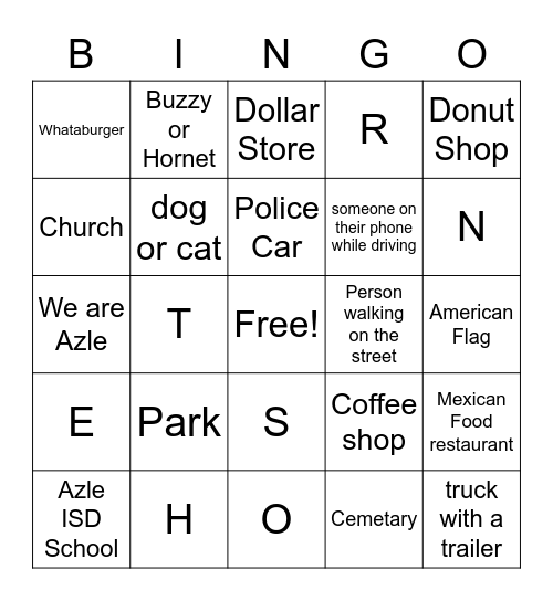 AZLE ROAD TRIP BINGO Card