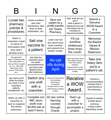 Towers Pharmacy Bingo Card