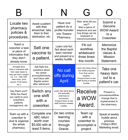 Towers Pharmacy Bingo Card