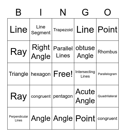 Geometry Vocabulary Bingo Card