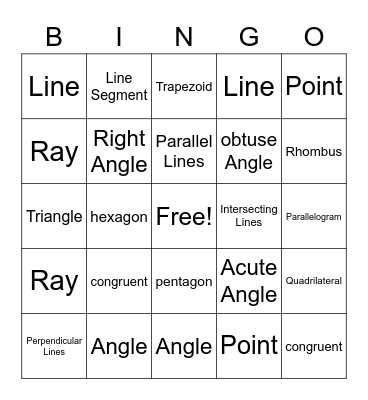 Geometry Vocabulary Bingo Card