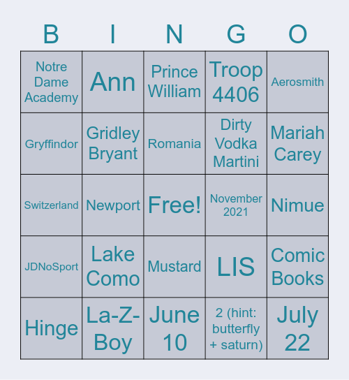 V&G Bingo Card