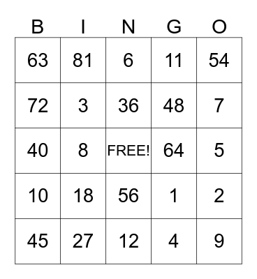Multiplication/Division Bingo Card