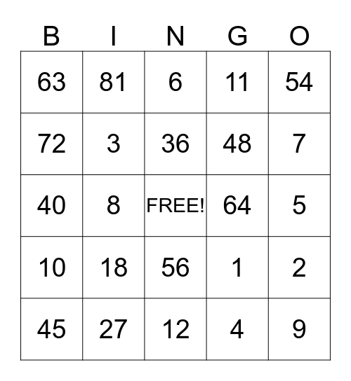 Multiplication/Division Bingo Card