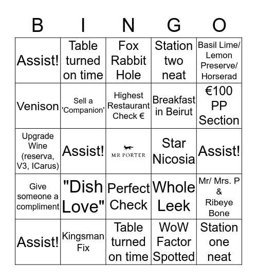 MR PORTER SERVICE Bingo Card
