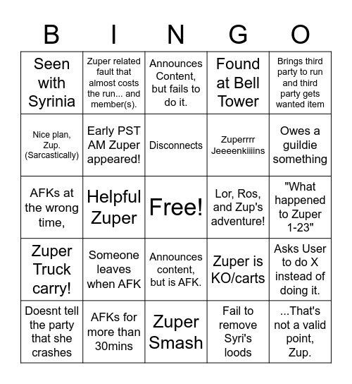 Zuper24 Bingo Card
