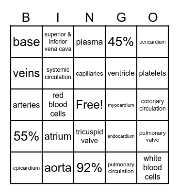 Anato - Bingo! The Circulatory System Bingo Card