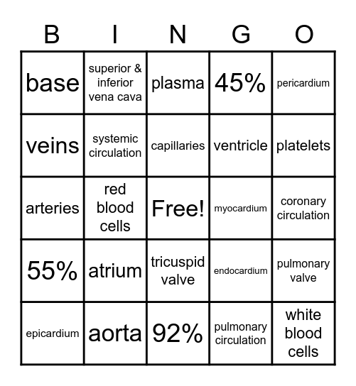 Anato - Bingo! The Circulatory System Bingo Card