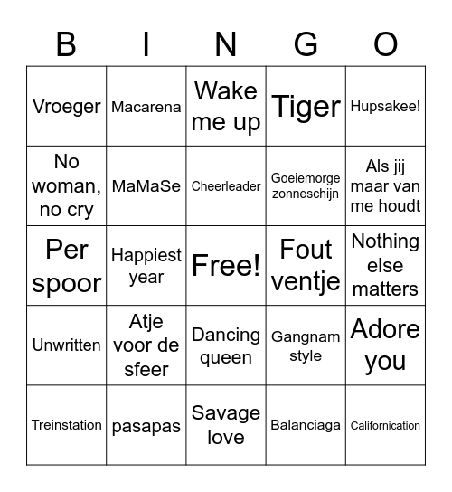 Song Bingo Card