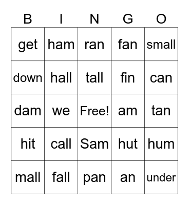 all, am, an glued sounds Bingo Card