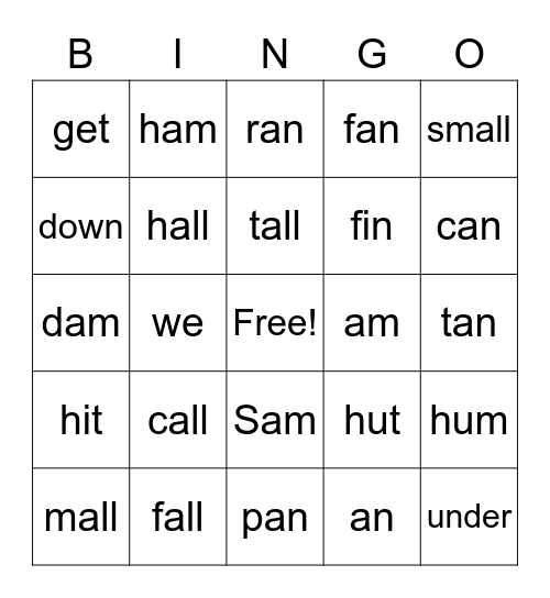 all, am, an glued sounds Bingo Card