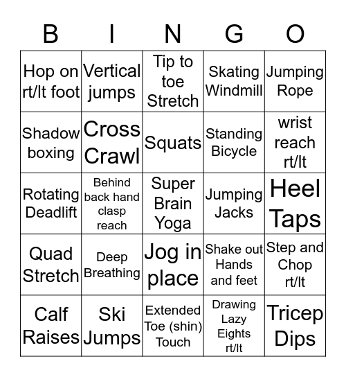 Physical Activity Boosts Brain Power presentation Bingo Card