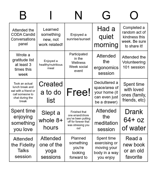 CODA 12 Wellness Week Bingo Card