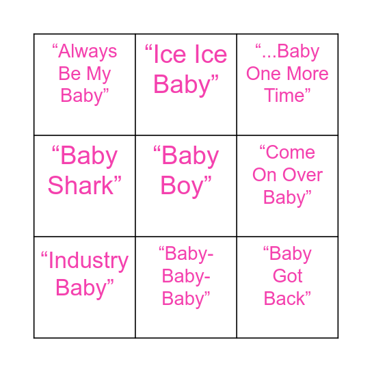 "Oh Baby" Bingo Card