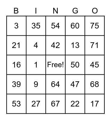 A Kid's Life Bingo Card