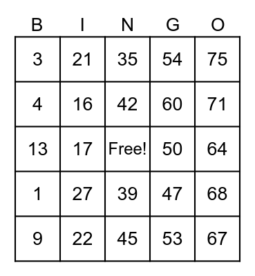 A Kid's Life Bingo Card