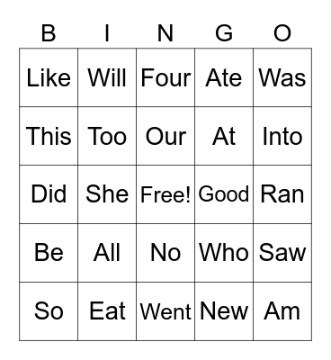 Primer Sight Words Bingo Card