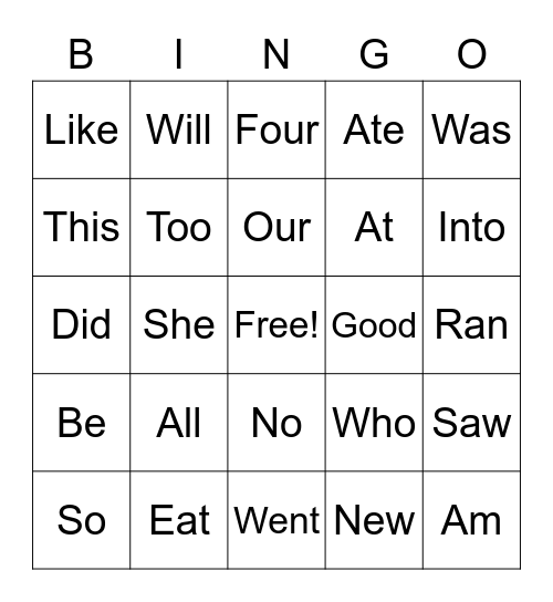 Primer Sight Words Bingo Card