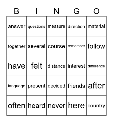 Words Bingo Card