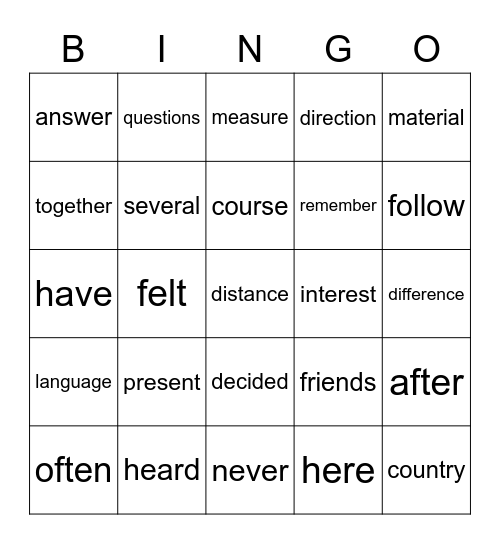 Words Bingo Card