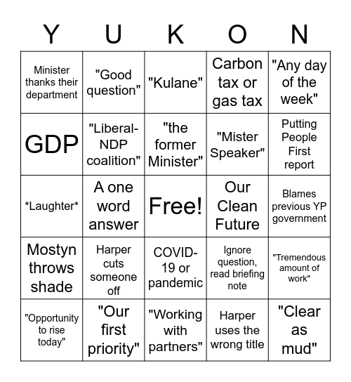 Question Period Bingo Card