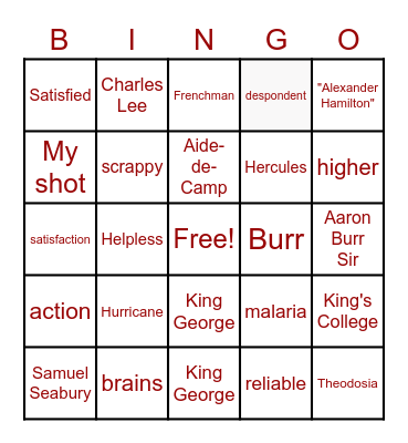 Hamilton Act I Bingo Card