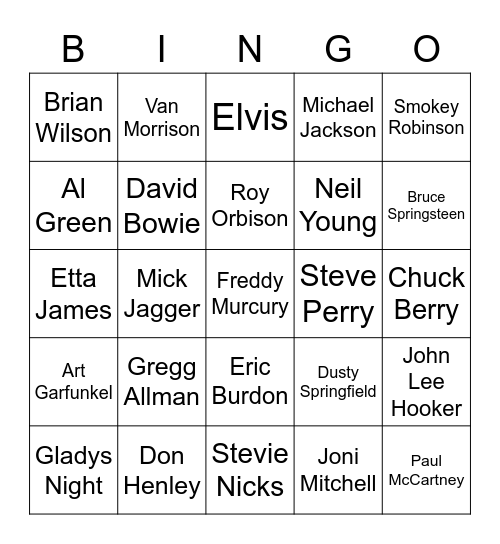 Rolling Stones Top 100 Singers of all Time Bingo Card