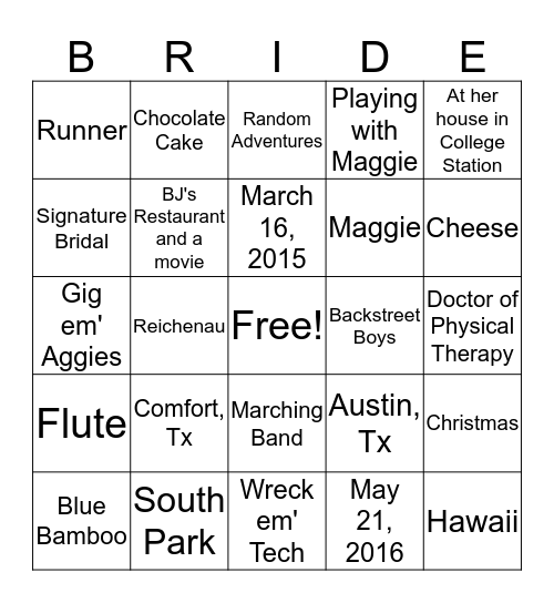 HEATHER'S BRIDAL SHOWER  Bingo Card