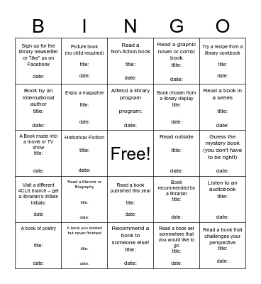 LARML Adult Summer Reading Bingo Card