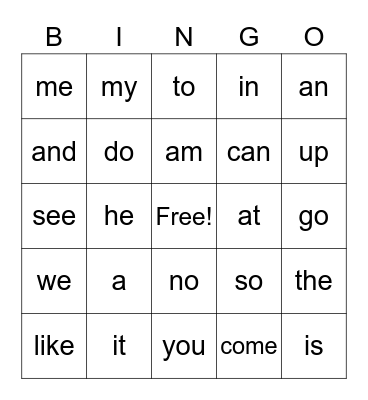 Sight Words Bingo Card