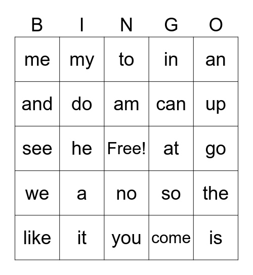 Sight Words Bingo Card