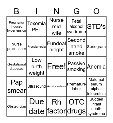 Baby shower Bingo Card