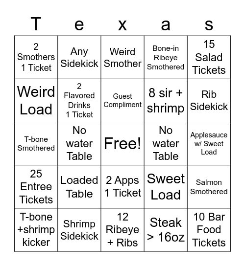 Texas Roadhouse Bingo Card