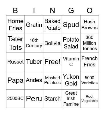 Potato Bingo Card