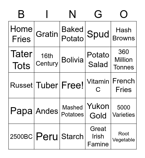 Potato Bingo Card