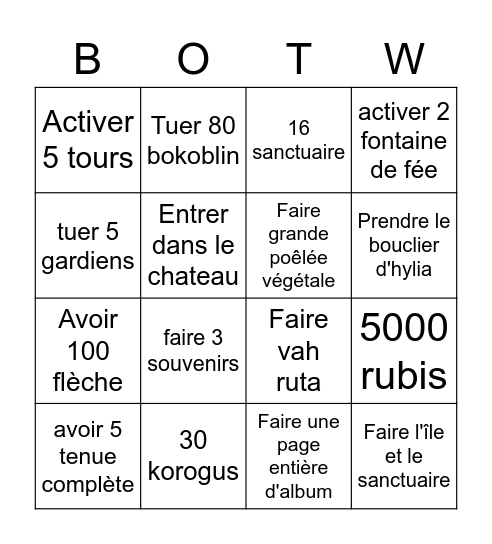 TLoZ:BotW Bingo Card