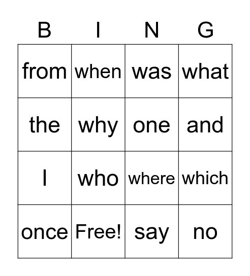 Sight Words Bingo Card