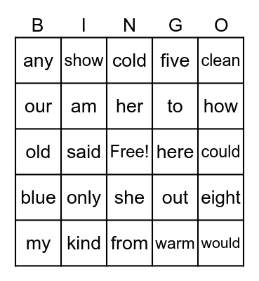First Grade Sight Words Bingo Card