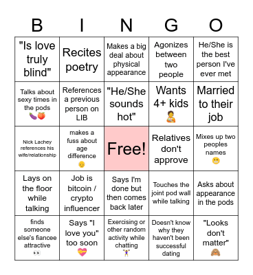 Love Is Blind IV Bingo Card
