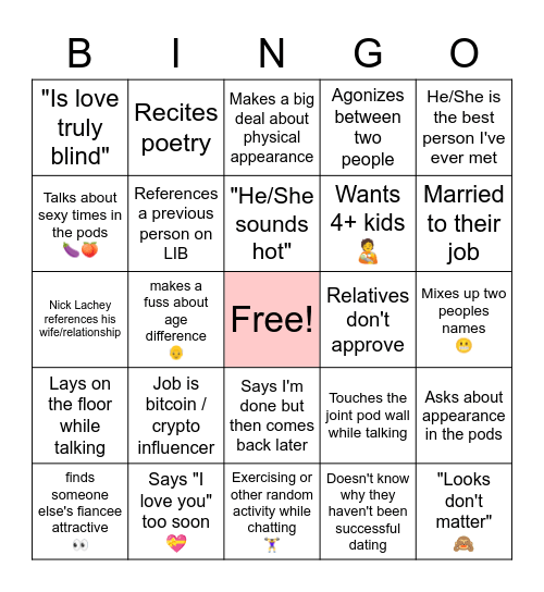 Love Is Blind IV Bingo Card
